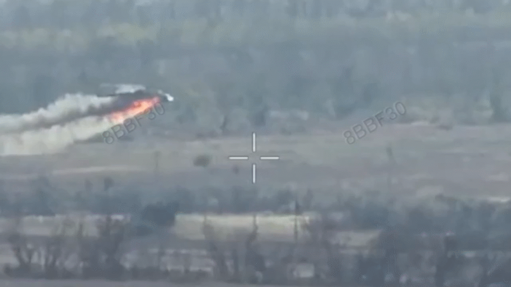 Burning Russian Mi-8 helicopter after FPV drone strike