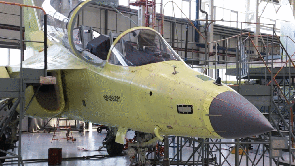 Unpainted Yak-130M prototype aircraft inside Irkutsk Aviation Plant before ground testing