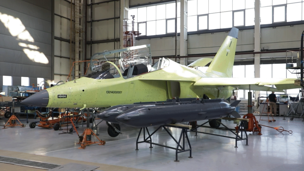 Yak-130M prototype aircraft inside Irkutsk Aviation Plant during ground testing phase