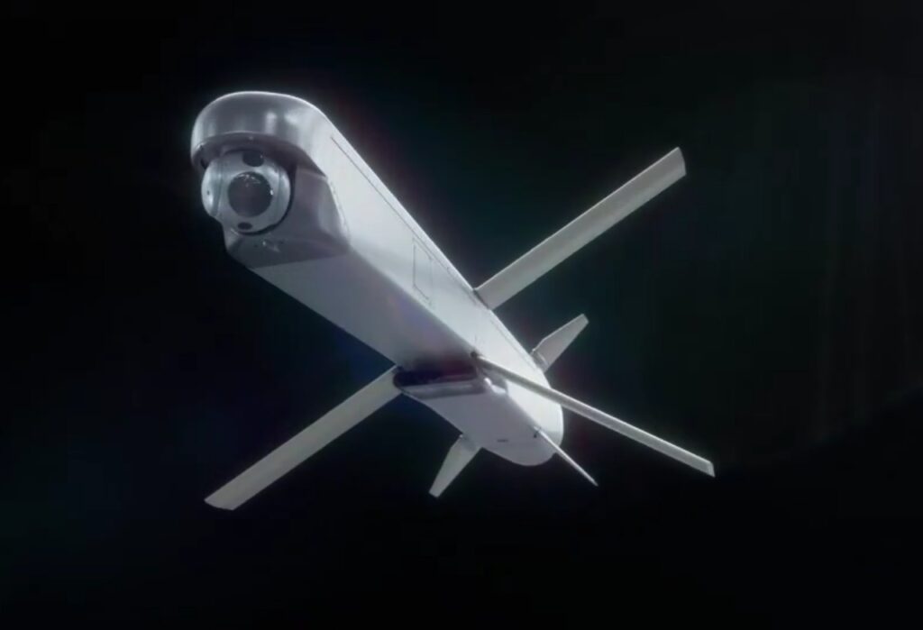 Rafael L-SPIKE 4X loitering missile mounted on SPIKE NLOS launcher displayed at AUSA 2025 exhibition.