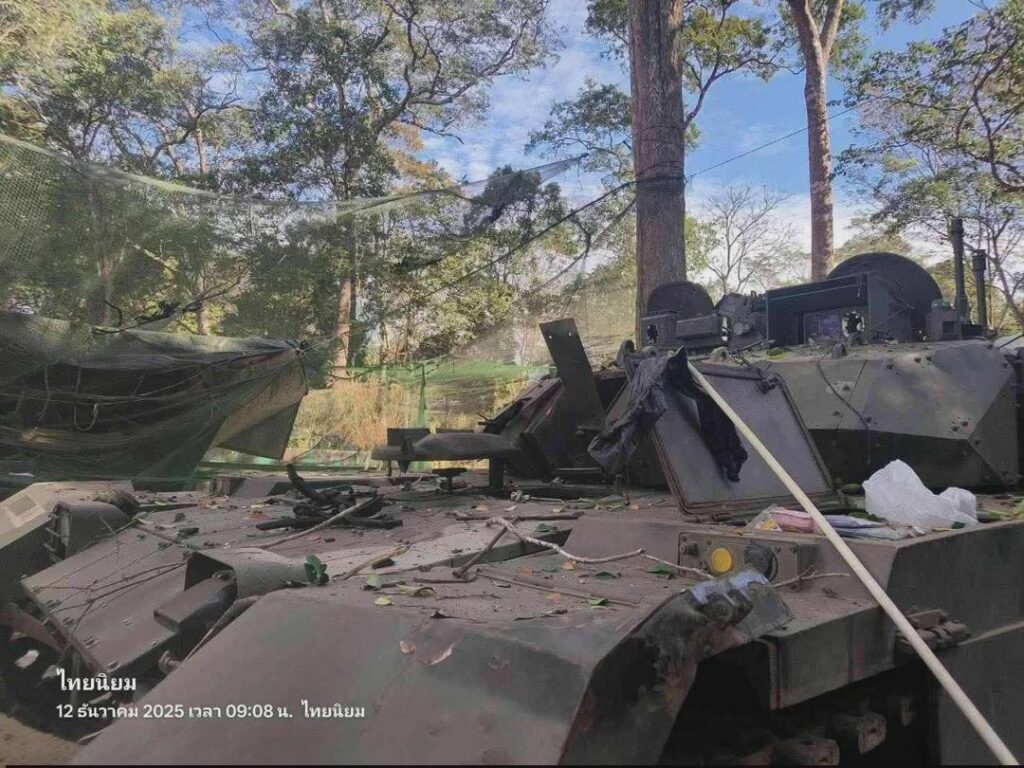 Royal Thai Army VT-4 main battle tank showing a damaged 125mm smoothbore gun barrel after battlefield incident.