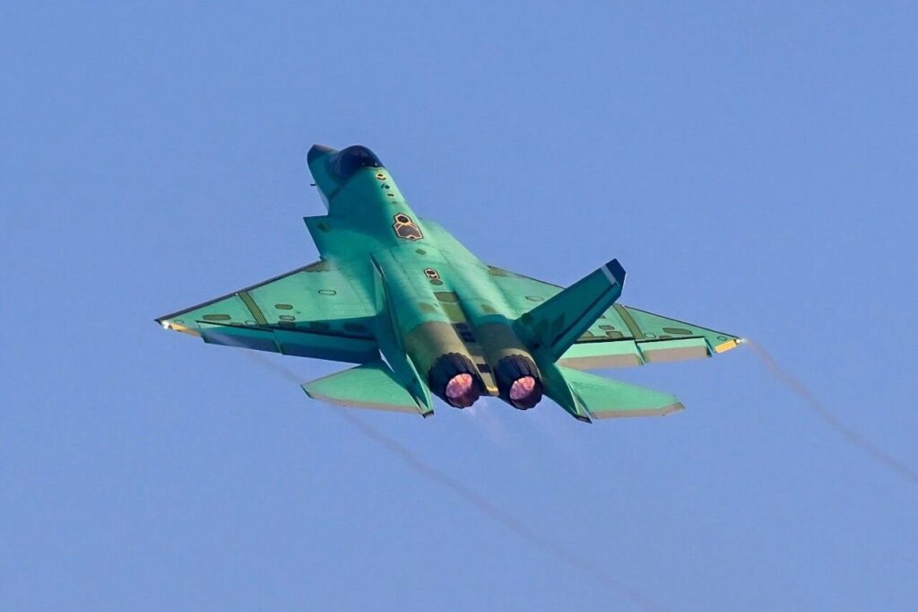 Unpainted Shenyang J-35 fifth-generation stealth fighter during flight testing.