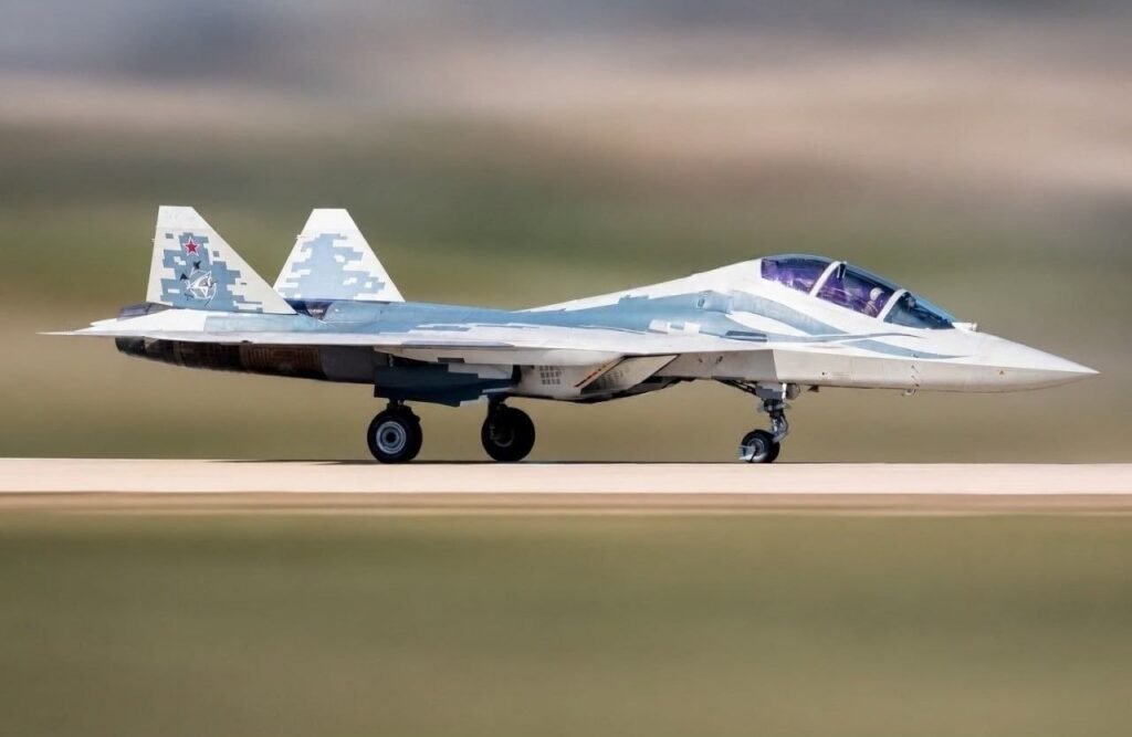 Russian Su-57D dual-seat stealth fighter variant on display, showing twin cockpit configuration and advanced fifth-generation aircraft design.
